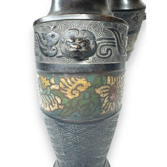 Antique Chinese Cloissone Bronze Vases Set Of 2 - Picture 8 of 16